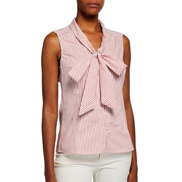Tahari ASL Red White Striped Sleeveless Blouse S NWT Bow Neck Button Front Top - Picture 3 of 9